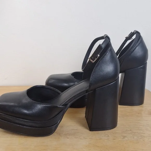 Wild Fable Black Square Toe Platform Block Heels Pumps Ankle Strap Size 8.5 - Picture 6 of 13